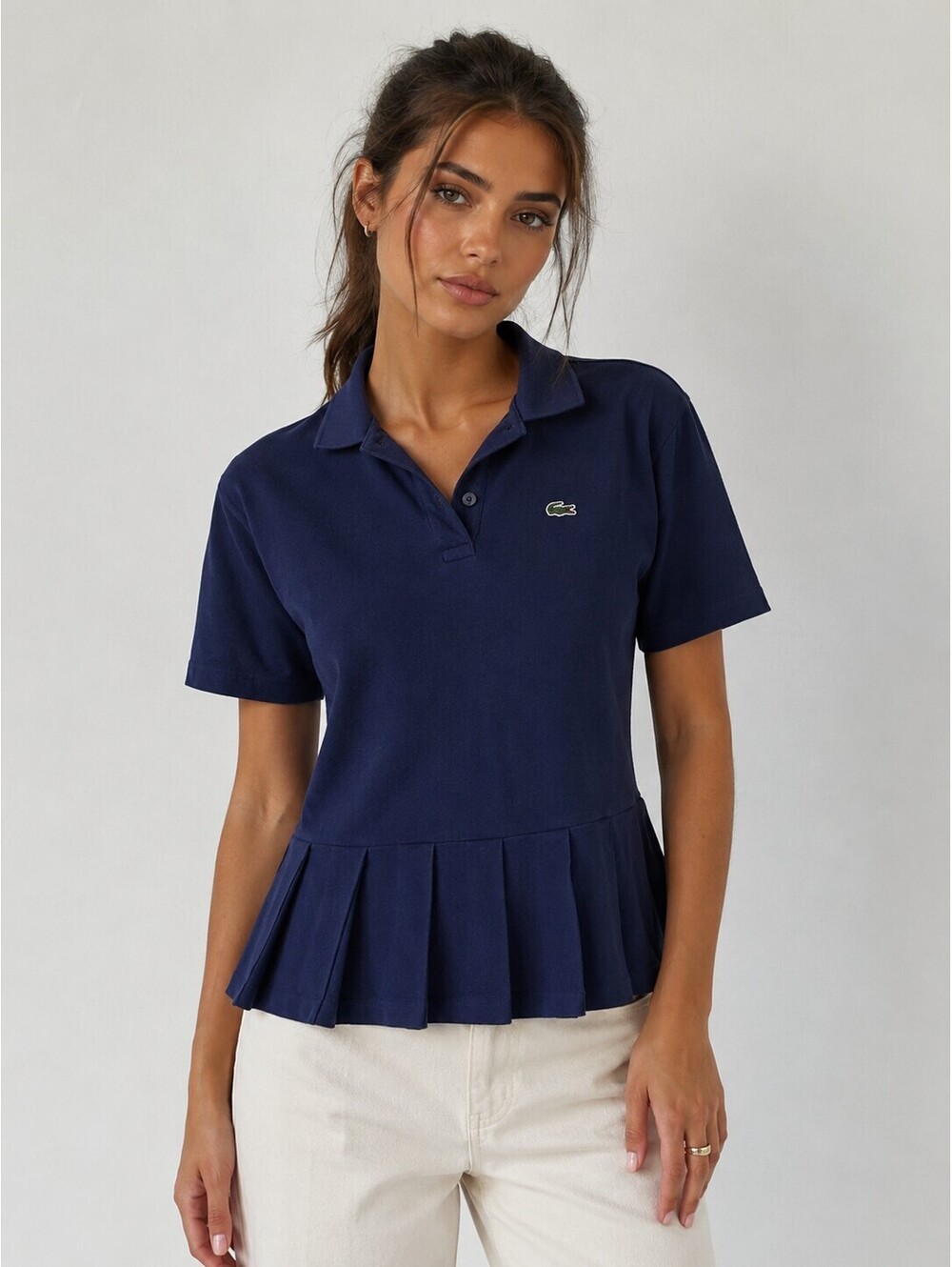 Lacoste Women's Navy Blue Peplum Pleated Polo Top Size M